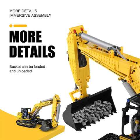 RC Excavator Building Set With 1830 Pieces, Remote Control Construction Vehicle Model showing swing arm and detachable bucket