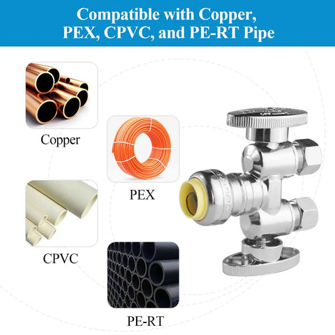 Image showing Push Fit To Dual Three Eighths Inch OD Compression Straight Stop Valve with compatible pipes Copper, PEX, CPVC, PE-RT.