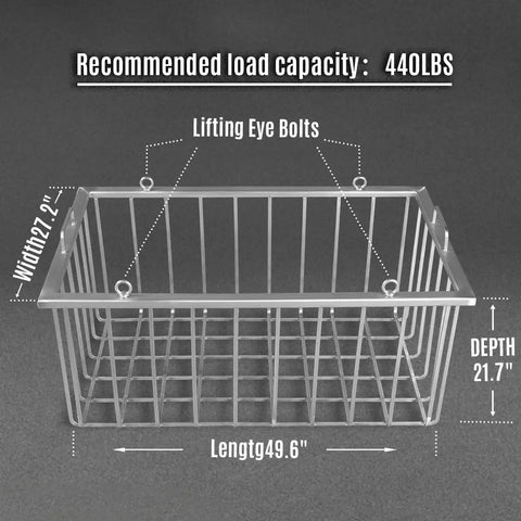 Heavy-duty metal basket with eye bolts, 49.6" x 27.2" x 21.7", 440 lbs capacity for ultrasonic parts washer.