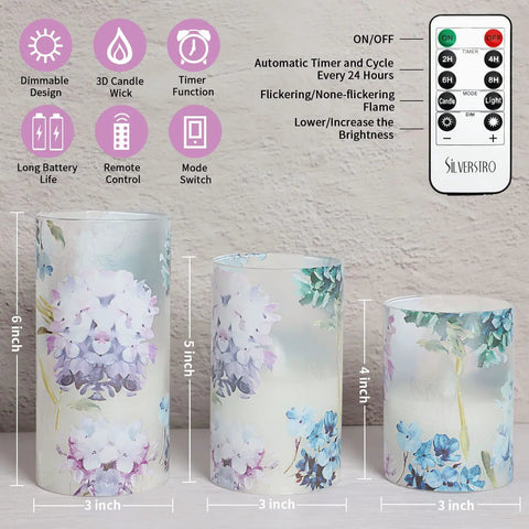 Hydrangea Flameless Candles With Remote Control Glass Real Wax Look LED Candles For Home And Parties Weddings Romantic Vibes Ambience Summer Holiday Decor Windproof Flicker Set Of 3 showing three sizes with remote control
