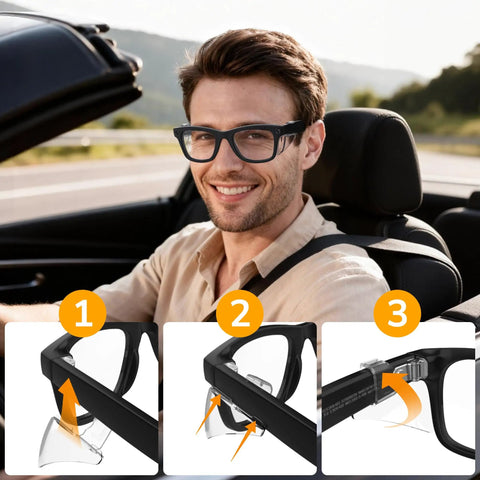 Clear Side Shield Accessory For Ray Ban Meta Wayfarer Skyler Headliner Gen 2 And Oakley Meta HSTN Smart Glasses on man driving