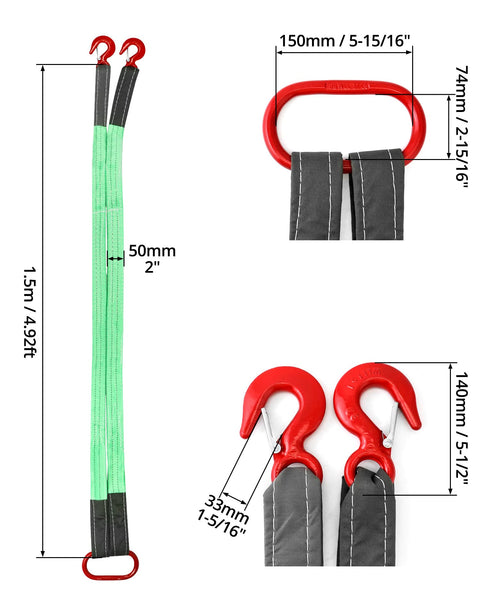 Two Leg Bridle Web Sling 5ft Heavy Duty Rigging Strap With Eye Hook 6613 Lb Vertical Capacity Polyester Web Sling Two Pack High Visibility