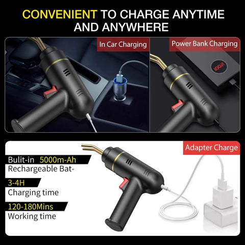 70W Hot Stapler Plastic Welding Kit showing in-car and adapter charging options with power bank compatibility