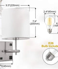 Bedside Wall Sconce With USB Port And AC Outlet, White Fabric Shade, Hardwired Mount Light For Bedroom Or Living Room, Hotel Decor, Bulb Included, Easy Install And Cozy Ambience with size details