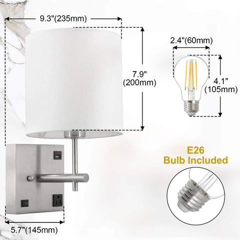 Bedside Wall Sconce With USB Port And AC Outlet, White Fabric Shade, Hardwired Mount Light For Bedroom Or Living Room, Hotel Decor, Bulb Included, Easy Install And Cozy Ambience with size details