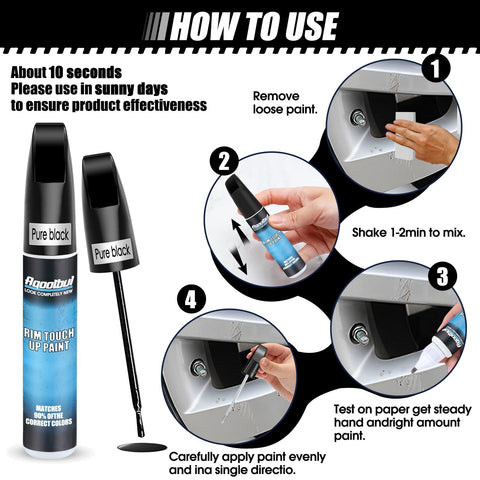 Matte Black Rim Touch Up Paint Kit For Curb Rash And Wheel Scratches application steps shown with images and instructions.