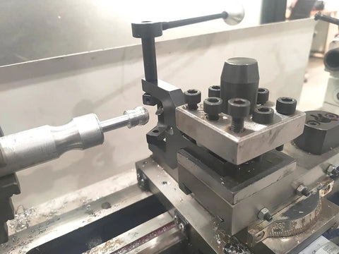 Radius Ball Turning Tool For Lathe With Three Eighths Inch Shank HSS Bit For Precision Concave And Convex Ball Turning On 7x14 And 7x16 Mini Lathes Perfect For Light To Medium Duty Sphere Turning installed on a mini lathe.