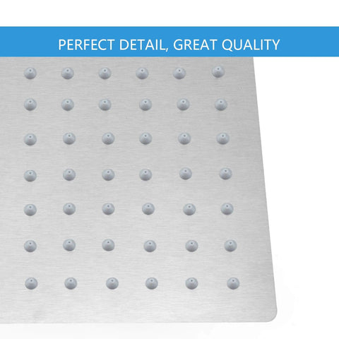 Close-up of Ultra Wide 16 Inch Square Rain Shower Head With High Flow Stainless Steel Brushed Nickel Finish detailing spray nozzles