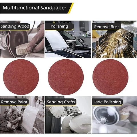 Get Your Project Done With A Killer 10-Pack Of 6-Inch Sanding Discs Featuring Hook And Loop Backing Across Grits Ranging From Rough 40 To Ultra-Smooth 2000 Perfect For Woodwork Polishing And Metal Grinding On Any Random Orbital Sander You Own. Sanding discs shown in various applications including sanding wood and polishing.