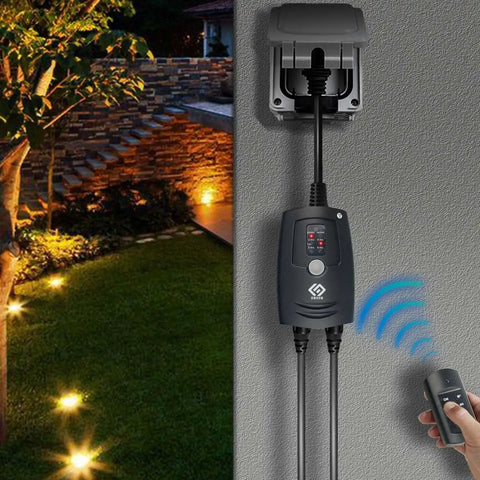 Smooth Operator Outdoor Remote Control Photocell Timer With Dusk To Dawn Sensor And Two Grounded Outlets features a remote and wall mount.
