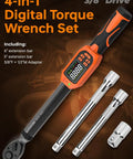 Digital Torque Wrench 3/8 Drive With 5-99.5 Ft-Lb Range, 6.7-135 Nm, 1% Accuracy, Electric LCD Readout, 2 Extension Bars, and Adapter