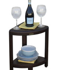 Snazzy Corner Teak Shower Shelf Three Tier Standing Bathroom Organizer with wine glasses and plates displayed