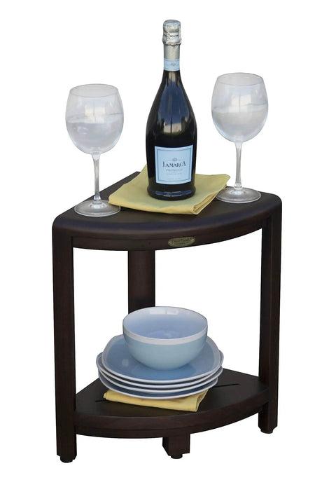 Snazzy Corner Teak Shower Shelf Three Tier Standing Bathroom Organizer with wine glasses and plates displayed