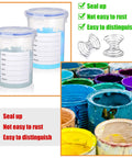 Eight 1000ml Paint Containers With Stainless Steel Mixing Balls, Airtight Lids, Labels Included, shown with colorful paints