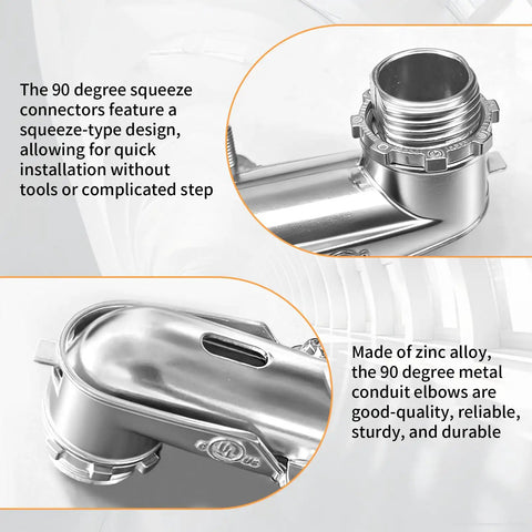 Rock Solid 6 Pack 90 Degree Squeeze Connectors For Half Inch Flexible Metal Conduit AC And FMC heavy duty zinc diecast connector close-up view.