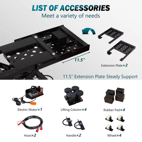 Heavy Duty Portable Car Lift With Bone Strong Carbon Steel And Rock Solid 7000 Pound Capacity showing accessories and 11.5" extension plates.