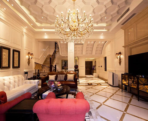 Luxurious living room with chandelier, warm lighting using LED Filament E14 Candle Light Bulb 2700K Warm White, decorative setup.