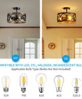 Semi Flush Mount Ceiling Light Fixture With 3 Lights, Open Drum Frame, Dope Modern Rustic Farmhouse Style, Black And Wood Grain Finish, Ideal For Bedroom Living Room Dining Room Hallways And Foyers, 13 Inch shown with different bulb options.