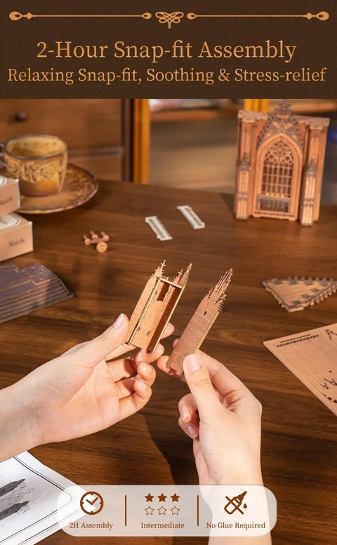 Hands assembling Gothic Architecture 3D Puzzle Kit For Adults With LED Lights Wooden Model Building Set on a wooden table