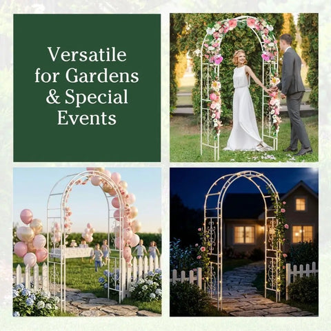 Arch Metal Outdoor Garden Arbor Montebello White 7 Feet Tall Iron Trellis Lattice For Climbing Plants Wedding Arch And Outdoor Patio Decor For Yard Entryway with flowers and balloons.