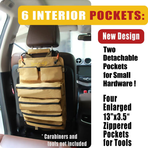 Heavy Duty Roll Up Tool Organizer With Six Pouches for Auto, showing hanging tool bag with compartments, no carabiners.