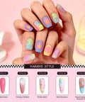 Hands with bright nail designs showcasing All In One 12 Color Patting Gel Polish Kit With Ombre Gel Palette Brush Silicone Patting Pen Nail Art Stickers And UV LED Curing For Gradient Nails Ideal For At Home DIY Manis