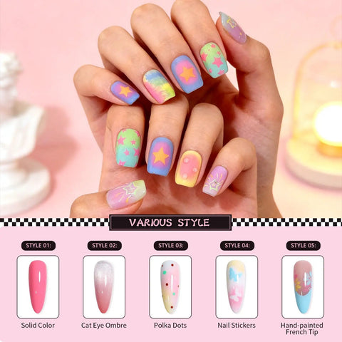 Hands with bright nail designs showcasing All In One 12 Color Patting Gel Polish Kit With Ombre Gel Palette Brush Silicone Patting Pen Nail Art Stickers And UV LED Curing For Gradient Nails Ideal For At Home DIY Manis