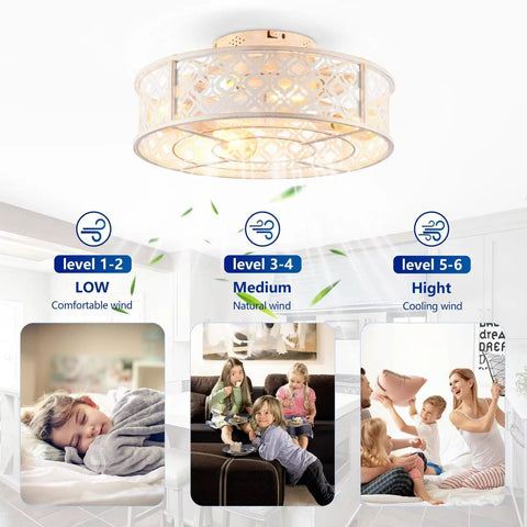 20" Retro White Floral Caged Ceiling Fan with Remote, Flush Mount Low Profile Enclosed Ceiling Fan Light Fixture, Reversible Silent DC Motor Fan for Indoor Bedroom Living Room, Bulbs Sold Separately