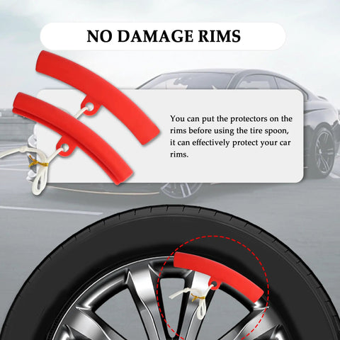 Rim protectors from the Heavy Duty Tire Spoon Lever Tool Set With 3 Spoons And 2 Rim Protectors, shown on a car wheel rim.