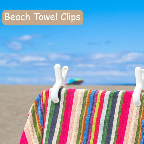 Heavy duty plastic clothes pins featuring anti rust springs and non slip silicone pads on beach towels.