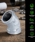 Beefy 6 Inch 45 Degree Galvanized Malleable Iron Elbow With 6 Inch Female Threaded Ends For High Pressure Piping, Heavy Duty 150 Lb Rating, UL ULC FM Approved displayed on a workbench