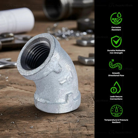 Beefy 6 Inch 45 Degree Galvanized Malleable Iron Elbow With 6 Inch Female Threaded Ends For High Pressure Piping, Heavy Duty 150 Lb Rating, UL ULC FM Approved displayed on a workbench
