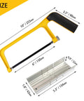6 Inch Mini Hacksaw And Miter Block Set With Bi-Metal Blade Extra Fine Cut For Wood Plastic Glass Metal DIY Home Renovation And Craft Projects A Handy Portable Hand Saw Kit shown with size dimensions.
