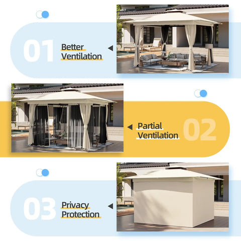 Front, side, and rear views of a Khaki 10x10 Outdoor Gazebo with Double Roof, curtains, and netting for privacy and ventilation.