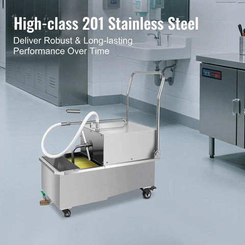 Heavy Duty Commercial Mobile Fryer Oil Filter Cart Wagon With 55 Liter Tank And 14.5 Gallon Capacity Offers Super Fast 550 Watt Filtration Pumping Up To 8.45 Gpm For Deep Fryers Keeping Kitchen Clean in a stainless steel finish.