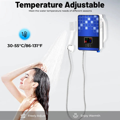 Slick Wall Mounted Electric Tankless Water Heater With 4500W Stainless Core in use, providing adjustable temperature for fast hot water.