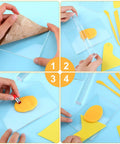 57 Piece Polymer Clay Tools Set With Acrylic Roller, Sheets, Scrapers, and Modeling Tools in use for clay crafting steps.