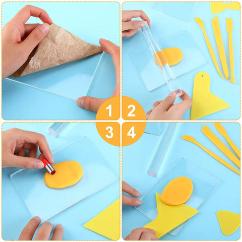 57 Piece Polymer Clay Tools Set With Acrylic Roller, Sheets, Scrapers, and Modeling Tools in use for clay crafting steps.