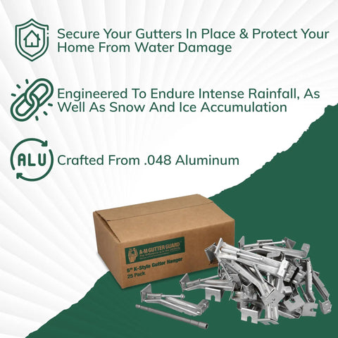 Box and pile of Heavy Duty Gutter Hangers For 5 Inch K Style Gutters With Clip And Speed Screw Quick Install 10 Pack