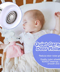 24 Pack White Nylon Garage Door Rollers For 2 Inch Track Replacement Quiet High Load 6200ZZ With Double Seals And 4.7 Inch Stem Durable Wheels For Residential Doors No Squeaks Smooth Operation And Long Lasting Performance shown next to sleeping baby highlighting quiet operation.