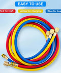 Five Foot Pro Grade AC Manifold Gauge Hose Kit For R134A Refrigerant Systems With 1/2 Inch SAE Threads And 600 PSI Rating, Three Color Charging Hoses, Flexible 60 Inch Length, Replacement For Standard AC Gauges red blue yellow hoses with brass fittings