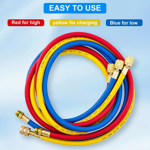 Five Foot Pro Grade AC Manifold Gauge Hose Kit For R134A Refrigerant Systems With 1/2 Inch SAE Threads And 600 PSI Rating, Three Color Charging Hoses, Flexible 60 Inch Length, Replacement For Standard AC Gauges red blue yellow hoses with brass fittings