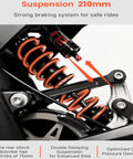 Close-up of 210mm suspension system of Badass Electric Dirt Bike For Adults Teens, showcasing double damping and strong braking.