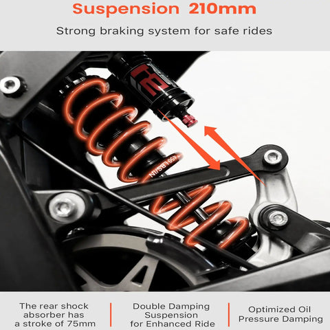 Close-up of 210mm suspension system of Badass Electric Dirt Bike For Adults Teens, showcasing double damping and strong braking.