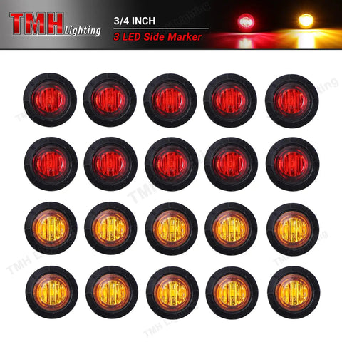 3/4 Inch Mount Amber And Red LED Clearance Bullet Side Marker Lights Pack Of 20 For Trailers, Trucks, RVs, Cars, Buses, And Vans With 60 Lumen SMD LEDs, Waterproof, Shockproof, Dustproof, Easy To Install