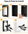 Step-by-step installation images of Slick Flexible Rubber Wall Grommet Kit For Hassle Free Low Voltage Cable Routing Behind TV And Game Console.