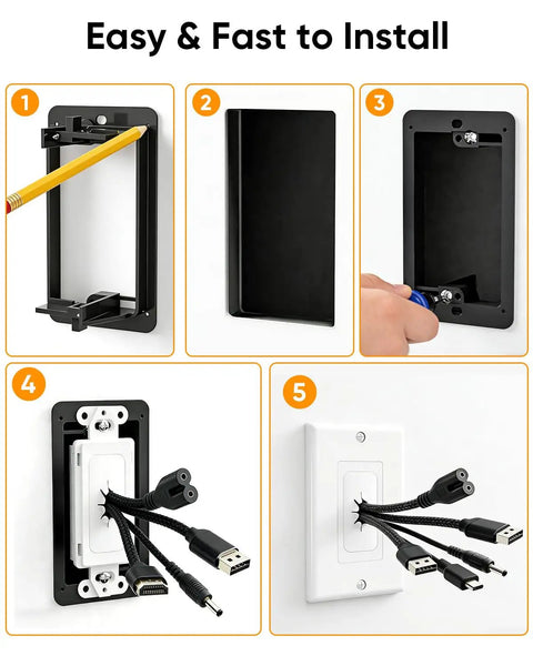 Step-by-step installation images of Slick Flexible Rubber Wall Grommet Kit For Hassle Free Low Voltage Cable Routing Behind TV And Game Console.