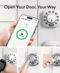 Collage showing Z Wave 5 in 1 Keyless Smart Lock with app control, smartwatch, and keypad entry on door.