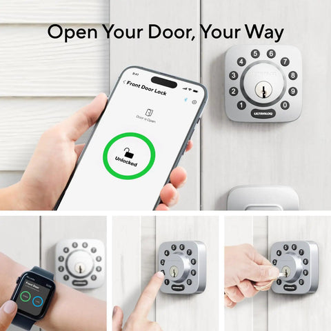 Collage showing Z Wave 5 in 1 Keyless Smart Lock with app control, smartwatch, and keypad entry on door.