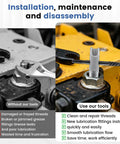 KCMOSGI 2-piece grease zerk tool set, 4-in-1 metal; shown installed on a bolt.